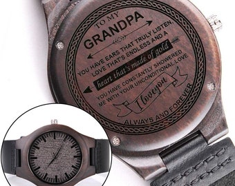 Personalized Wooden Watch for Grandpa, Engraved Gift from Grandkids, Birthday, Christmas, or Father’s Day Gift, Custom Keepsake Watch