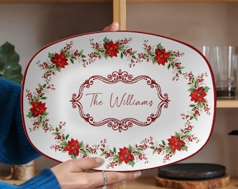 Personalized Christmas Platter with Family Name, Poinsettia Holiday Serving Plate, Christmas Plate, Festive Plate, Red Floral Tableware