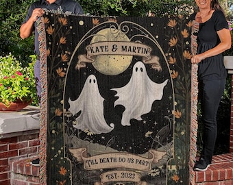 Personalized Ghost Couple Blanket, Till Death Do Us Part Woven Throw, Custom Halloween Wedding Gift, Gothic Blanket, Custom Woven Blanket