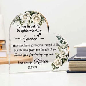 Personalized Daughter-in-Law Gift, Heart Acrylic Plaque, Wedding Day Keepsake, Mother-in-Law to Bride Gift, Sentimental Family Present