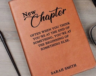 Personalized New Chapter Leather Journal, Custom Engraved Notebook with Name, Inspirational Gift for Graduation, Retirement or New Journey