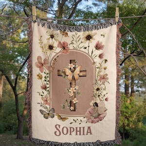 Personalized Christian Cross Woven Blanket with Name, Religious Butterfly Floral Tapestry Throw, Sympathy, Baptism, Memorial Gift for Her