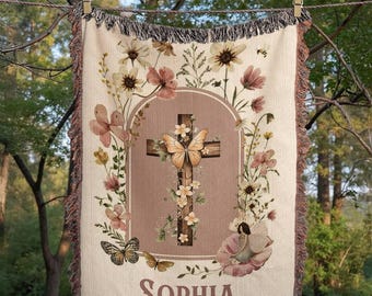 Personalized Baptism Baby Blanket, Baptism Blanket, Baby Blanket with Cross, Baptism Blanket Girl, Christening Blanket, Floral Cross Baptism