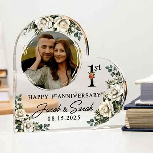 Personalized 1st Anniversary Gift Acrylic Plaque, Custom Heart Photo Keepsake with Names & Date, Romantic Couple Gift, Wedding Anniversary