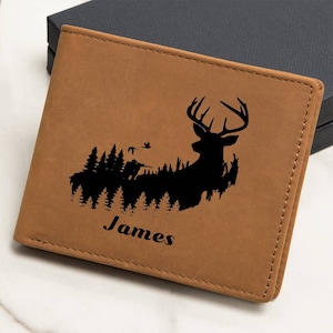 Personalized Deer Hunting Wallet for Men, Custom Engraved Leather Bifold with Name, Hunting Gift for Husband, Dad, Son, Outdoor Enthusiast