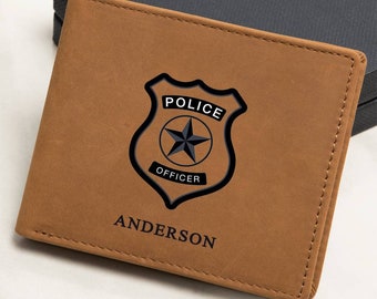 Personalized Police Officer Wallet, Custom Engraved Leather Bifold with Badge Design & Name, Gift for Law Enforcement, Dad, Husband