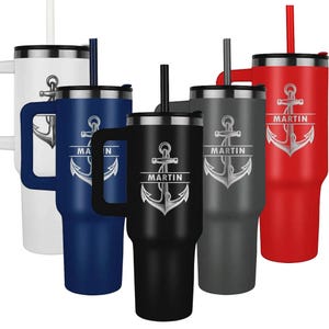 Personalized Anchor Tumbler with Handle, Custom Name Stainless Steel Travel Mug for Men, Nautical Gift, Boating & Sailing Cup, Gift for Men
