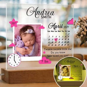 Personalized Baby Birth Stats Acrylic Plaque with Photo, Custom Newborn Announcement Keepsake, Baby Shower Gift, Nursery Night Light Decor