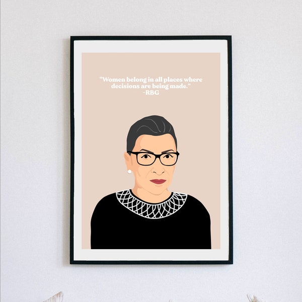 Ruth Bader Ginsburg Poster - Women belong in all places where decisions are being made -Portrait & Quote - RBG - Feminist Inspiration