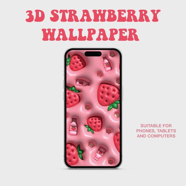 3D Strawberry Wallpaper, Puffy Phone Wallpaper, iPhone Wallpaper, Kawaii Wallpaper, Pillow Wallpaper, Glossy Wallpaper, IOS, Android