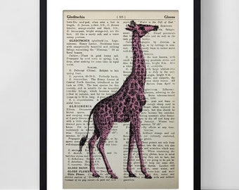 Vintage Giraffe no:1 grabado impreso en página de libro vintage reciclado Arte de impresión digital de medios mixtos