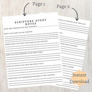 Op de afbeelding: Afdrukbare notities voor Bijbelstudie met twee pagina's. De eerste pagina heeft prompts voor boek en hoofdstuk, de held van het hoofdstuk, waar Gods hand te zien is, wat de rechtvaardigen doen in moeilijke tijden en hoe mensen in de trotscyclus vallen. De tweede pagina heeft prompts voor vers of hoofdstuk in je eigen leven, jij, geest tijdens het lezen en hemelse vader.