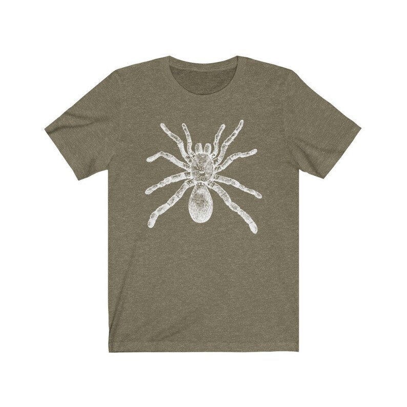 May include: A green t-shirt with a white graphic of a spider.