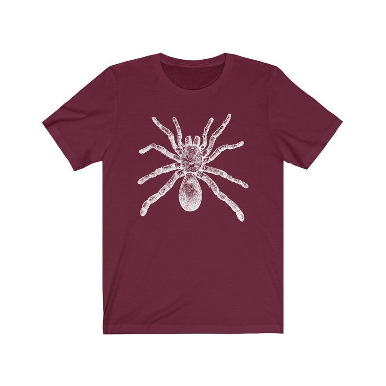 May include: A maroon t-shirt with a white graphic of a spider.