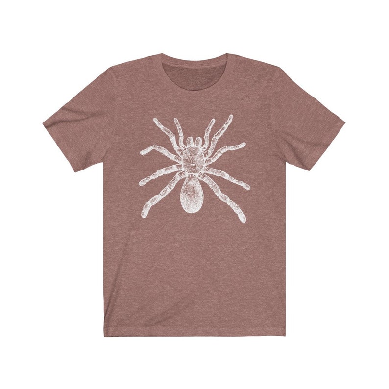 May include: A heather brown t-shirt with a white graphic of a tarantula spider.