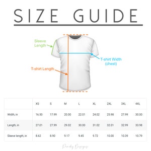 May include: Size guide for t-shirts with measurements in inches for width, length, and sleeve length. Sizes range from XS to 4XL.