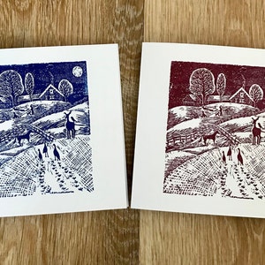 Pack of 5 Hand stamped lino print cut country scene design Christmas Xmas cards modern