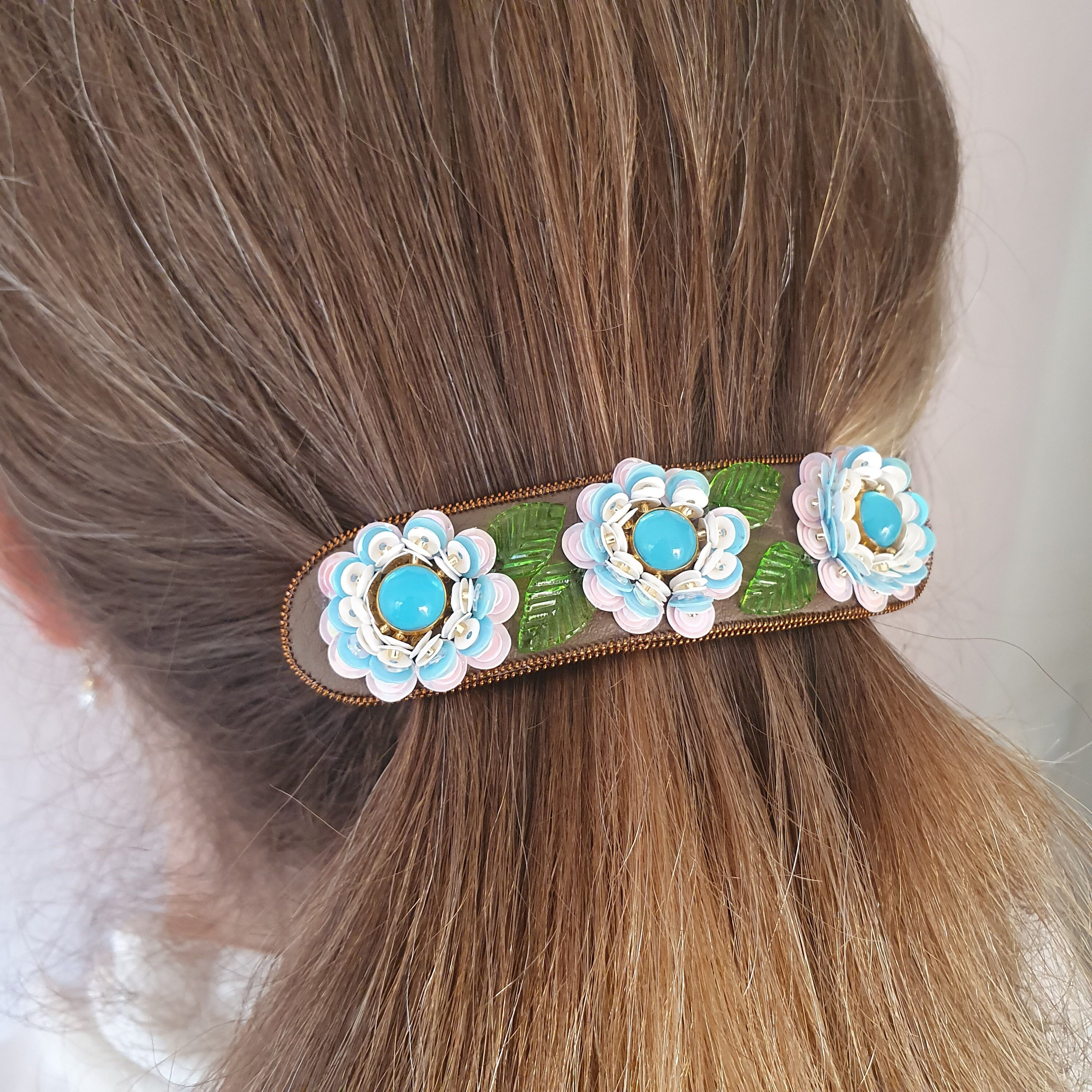 The elegant handmade D beaded barrette. Hand Made Beaded Barrette, Beaded Hair Barrettes, Indigenous  main image 4