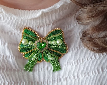 Green Bow Brooch, Handmade pin, Rhinestone Crystal Pin