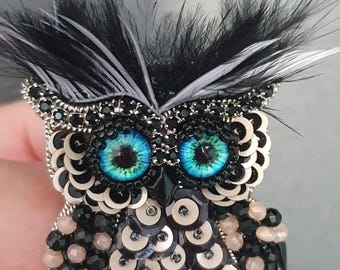 Handmade Owl Brooch, Beaded Bird Pin, Gift for Bird Lovers