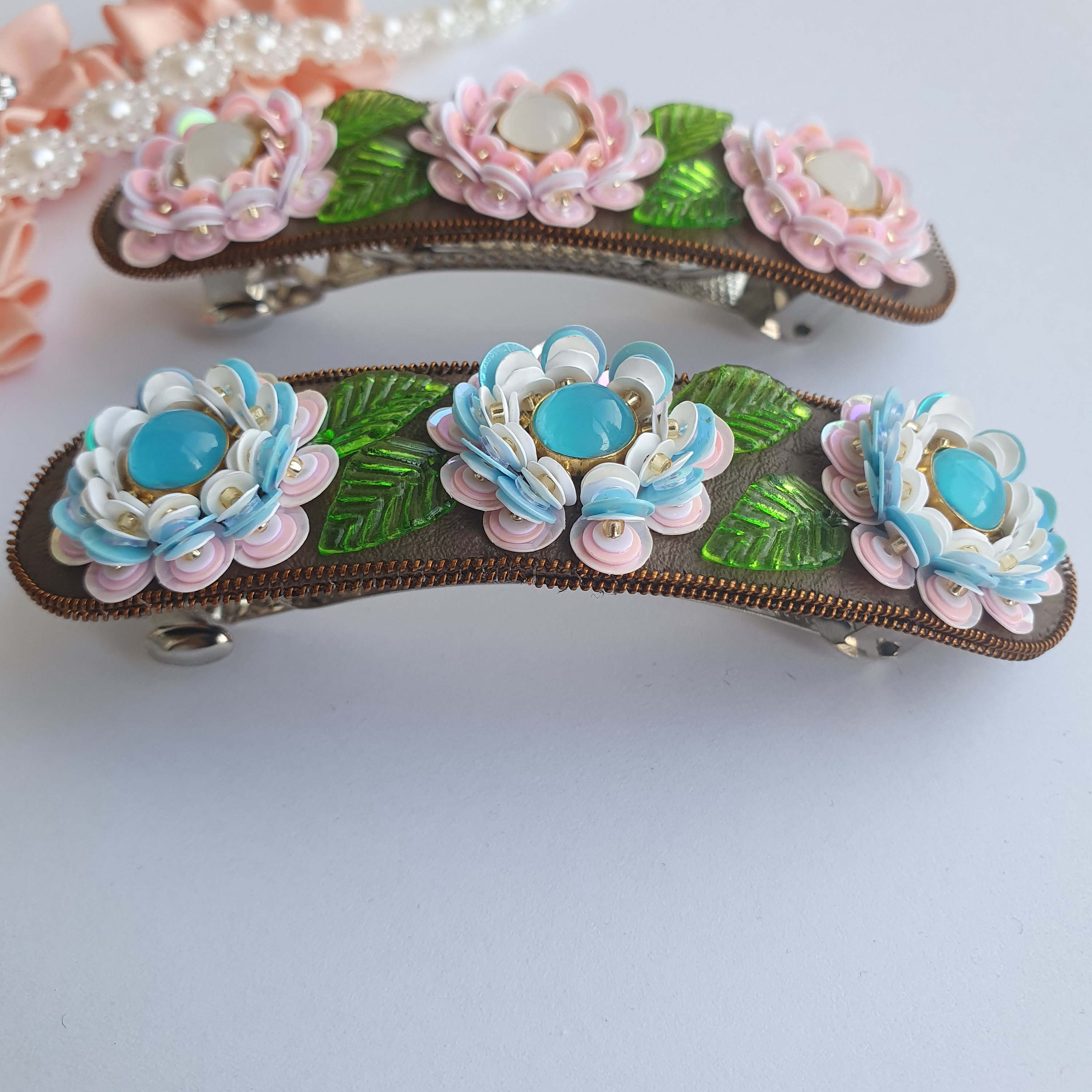 The elegant handmade D beaded barrette. Hand Made Beaded Barrette, Beaded Hair Barrettes, Indigenous  main image 2