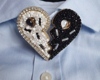 brooch unique heart, Broken Heart brooch, Handmade Beaded Brooch Pin - Black and White handmade jewelry