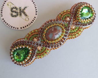 Handmade Beaded Hair Clip, Vintage Boho Green Crystal Barrette, Natural Stone Jewelry