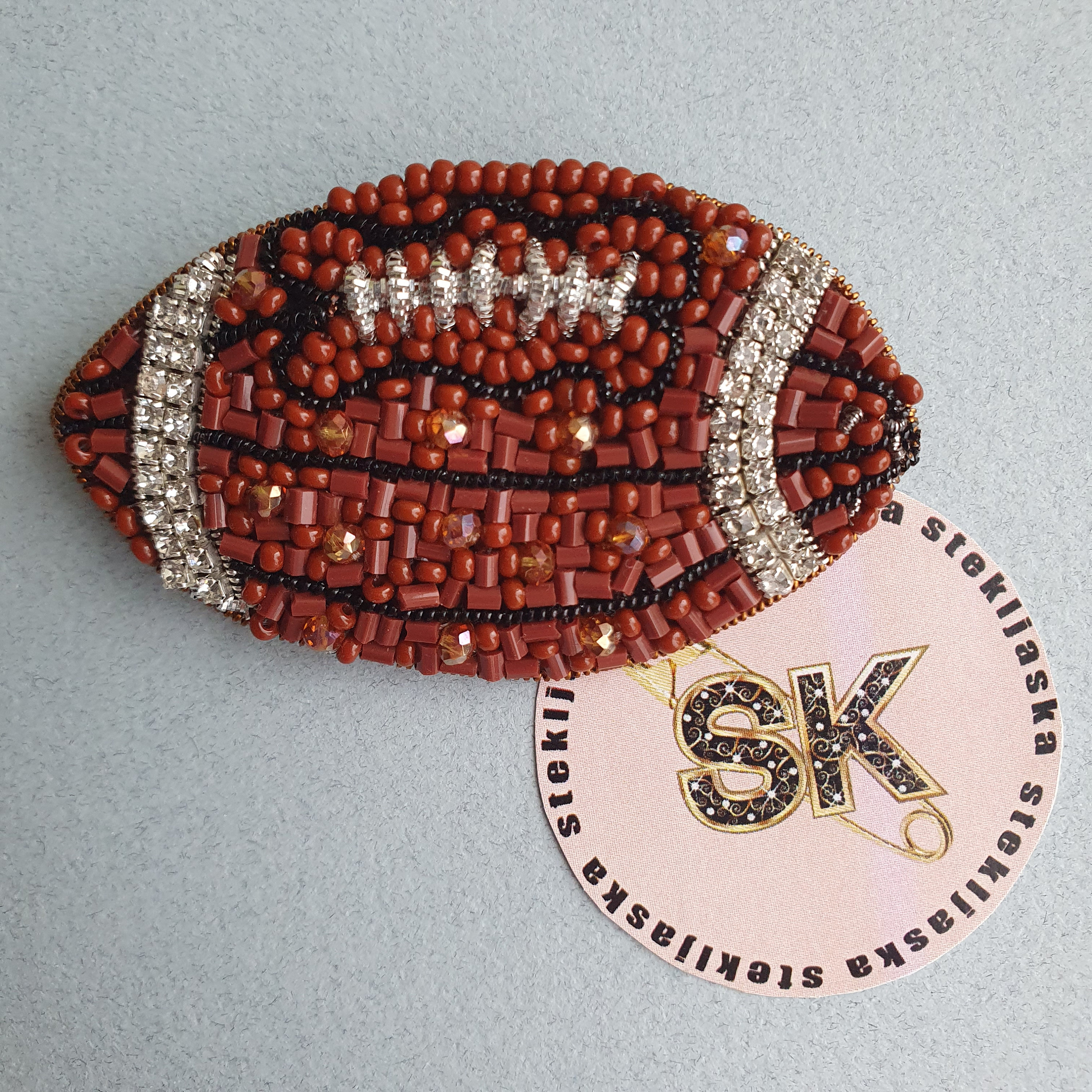 Handmade Beaded American Football Brooch Pin: Rhinestone Embroidered