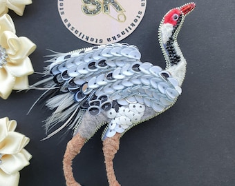 Handmade Crane Bird Brooch, Animal Statement Pin