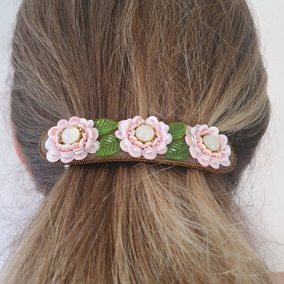 Handmade Barrette, Beaded Flower, Elegant Long Hair Clip - Etsy display picture 1