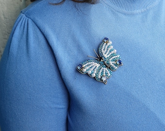 Blue Beaded Butterfly Brooch: Crystal Bead Embroidery Jewelry