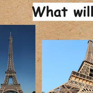Puede incluir: La Torre Eiffel en París, Francia, contra un cielo azul claro. La icónica torre de celosía de hierro forjado es un destino turístico popular. La imagen también incluye el texto "What will".