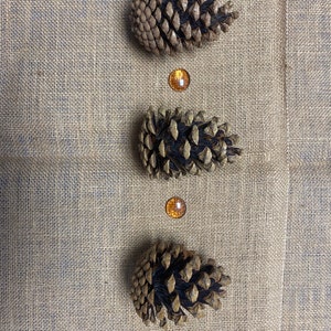 Może przedstawiać: Trzy brązowe szyszki z ciemnymi końcówkami ułożone są pionowo na beżowej powierzchni z juty. Małe, okrągłe, bursztynowe szklane koraliki umieszczone są pomiędzy każdą szyszką. Obraz ma naturalną, rustykalną estetykę.