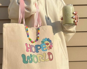 Hope World Tote Bag | removable beaded chain BTS J-hope hobi hobicore Bangtan tote bag aesthetic tote bag BTS tote bag, Hope World tote bag