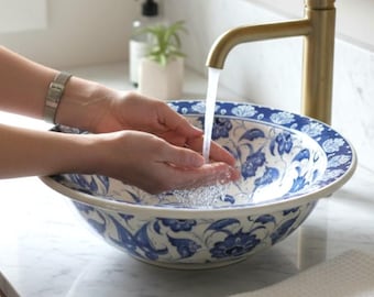 Hand-Painted Blue Floral Ceramic Sink | Elegant Bathroom Vessel Basin | Luxury Blue & White Bathroom Decor Gift