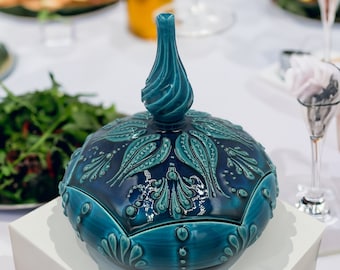 Sucrier artisanal turquoise en céramique avec couvercle - Pot à sucre turquoise décoratif