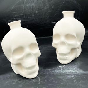 May include: Two white ceramic skull vases. The skulls are detailed with eye sockets, a nose, and a mouth.