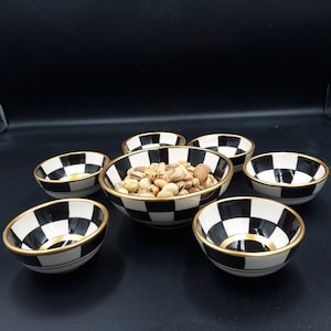 Black and White Checkered Gold Rimmed 7 Piece Breakfast and Snack Set - Stylish and Functional Squares