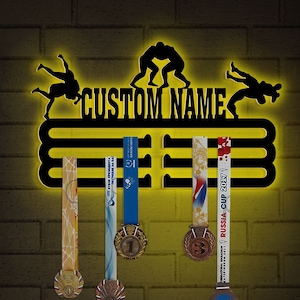 Wrestling Medal Hanger Custom Name with Led Light, Sports Medal Holder Display Rack for Awards Ribbons, Tiered Award Rack Wrestler Name Sign