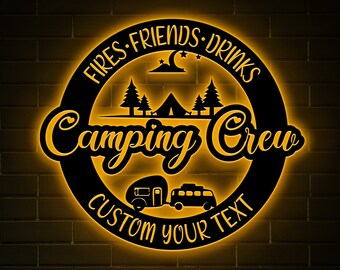 Custom Camping Crew Metal Sign with LED Light, RV Decor