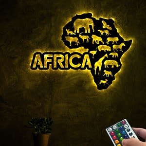 Africa Safari Animal Map Metal Wall Art With Led Lights, Africa Shape Sign, African Map Animal Wall Art, Living Room Decor, Africa Wall Art