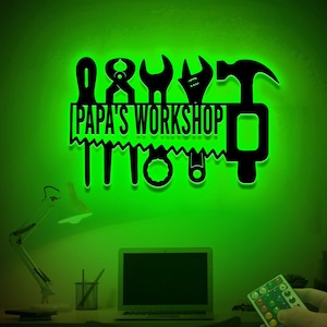 Personalized Workshop Sign with Led Lights, Gift for Dad Papa Grandpa, Papa&#39;s Workshop Sign, Fathers Day Gift, Custom Workshop Wall Decor