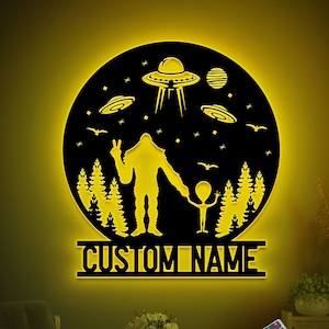 Bigfoot and Alien Metal Sign Led Light, Bigfoot Gift Xmas Birthday Gift, Bigfoot Wall Decor, Welcome Sign, Halloween Decor, Sasquatch Sign