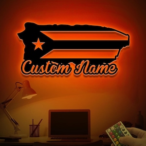 Custom Puerto Rico Flag Metal Wall Art Led Light, Puerto Rico Lover Name Sign, Born in Puerto Rico Decor, Puerto Rican Flag Wall Hanging