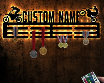 Custom Name Motocross Medal Hanger with Led Light, Sports Medal Holder Display Rack for Awards Ribbons, Tiered Award Rack, Dirt Bike Racing