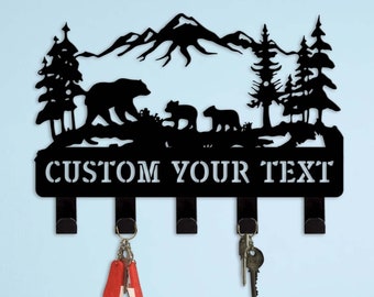 Bear Family Key Holder for Wall, Metal Key Holder, Custom Key Rack, Forest Tree Mountain Bear, Cabin Lodge Decor, Wall Mounted Key Hooks