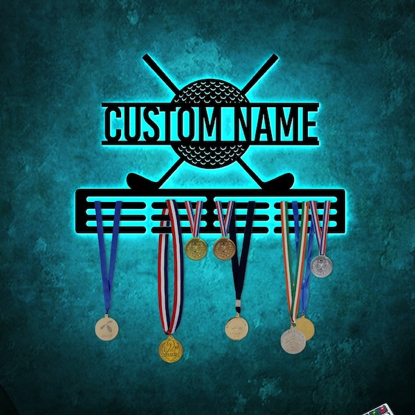 Custom Name Golf Medal Hanger with Led Light, Golf Medal Holder Display Rack for Awards and Ribbons, Tiered Award Rack, Sports Medal Hanger