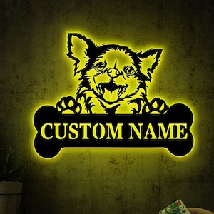 Personalized Chihuahua Dog Metal Wall With Led Lights, Custom Name Sign, Chihuahua Lover Gift, Metal Dog Sign, New Home Gift, Dog Owner Gift
