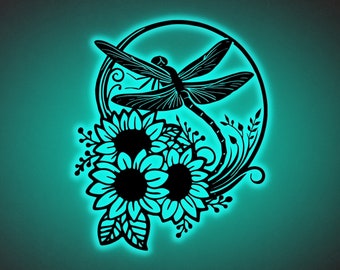 Floral Dragonfly Metal Wall Art with LED Light, Boho Home Decor