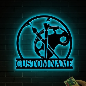 Custom Artist Metal Wall Art with Led Light, Art Studio Sign, Artist Gifts, Art Teacher Gift, Art Room Decor, Art Palette Sign Painting Sign